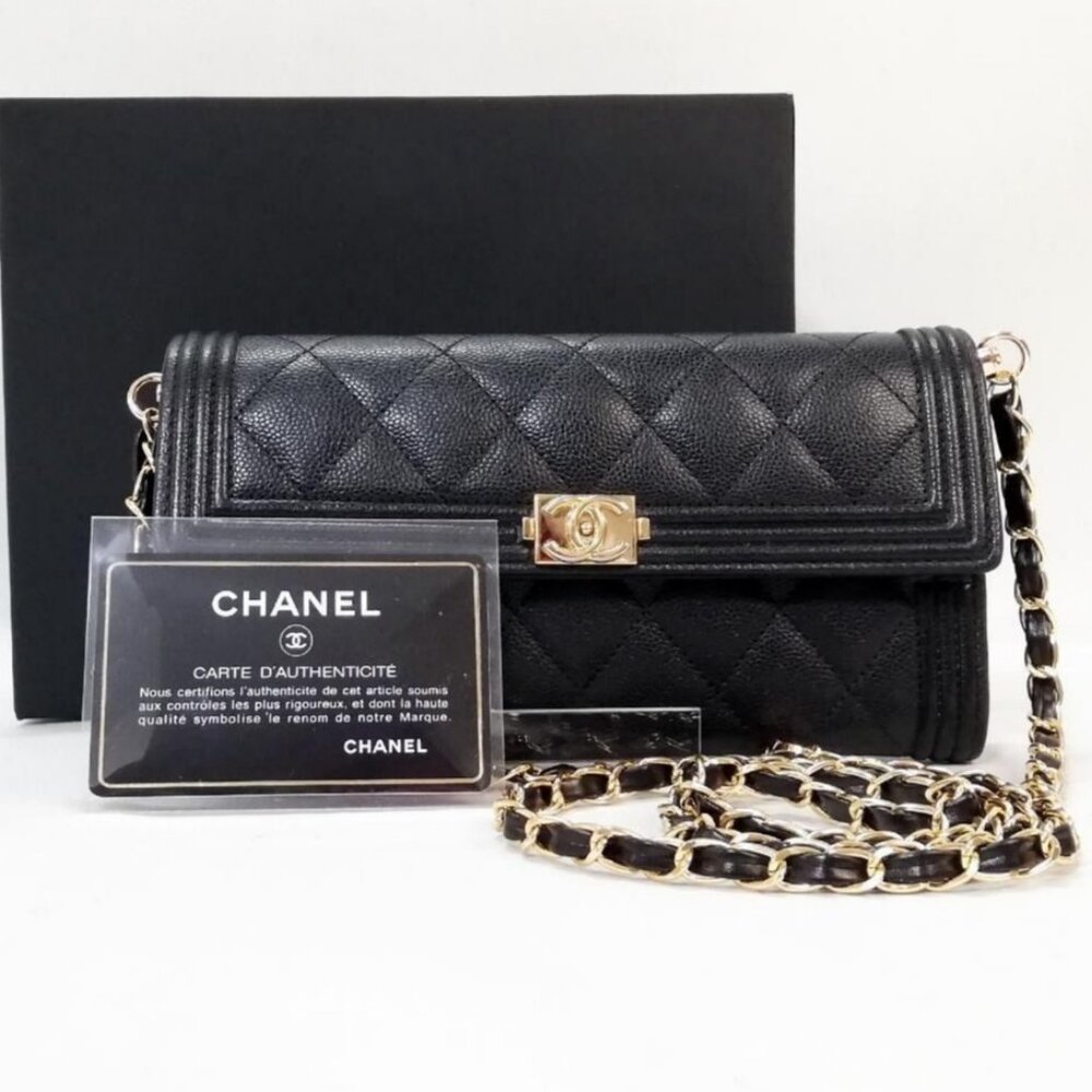 Authentic CHANEL Boy CC Flap Wallet Caviar Leather Chain Shoulder Crossbody Bag